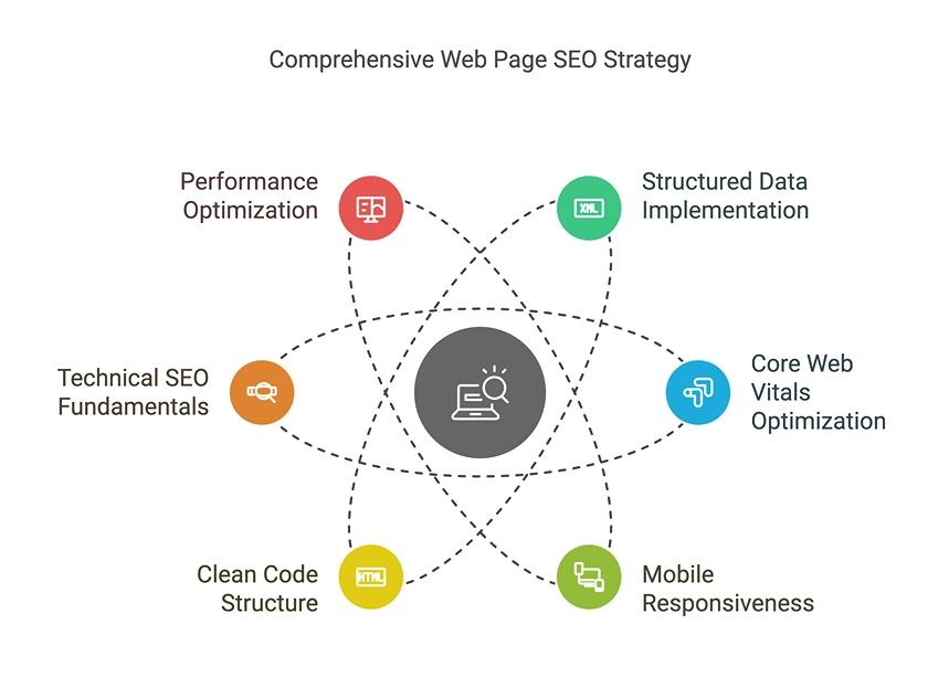 Technical SEO Foundation aspects including Core Web Vitals, Content Architecture, Entity Recognition, Image SEO