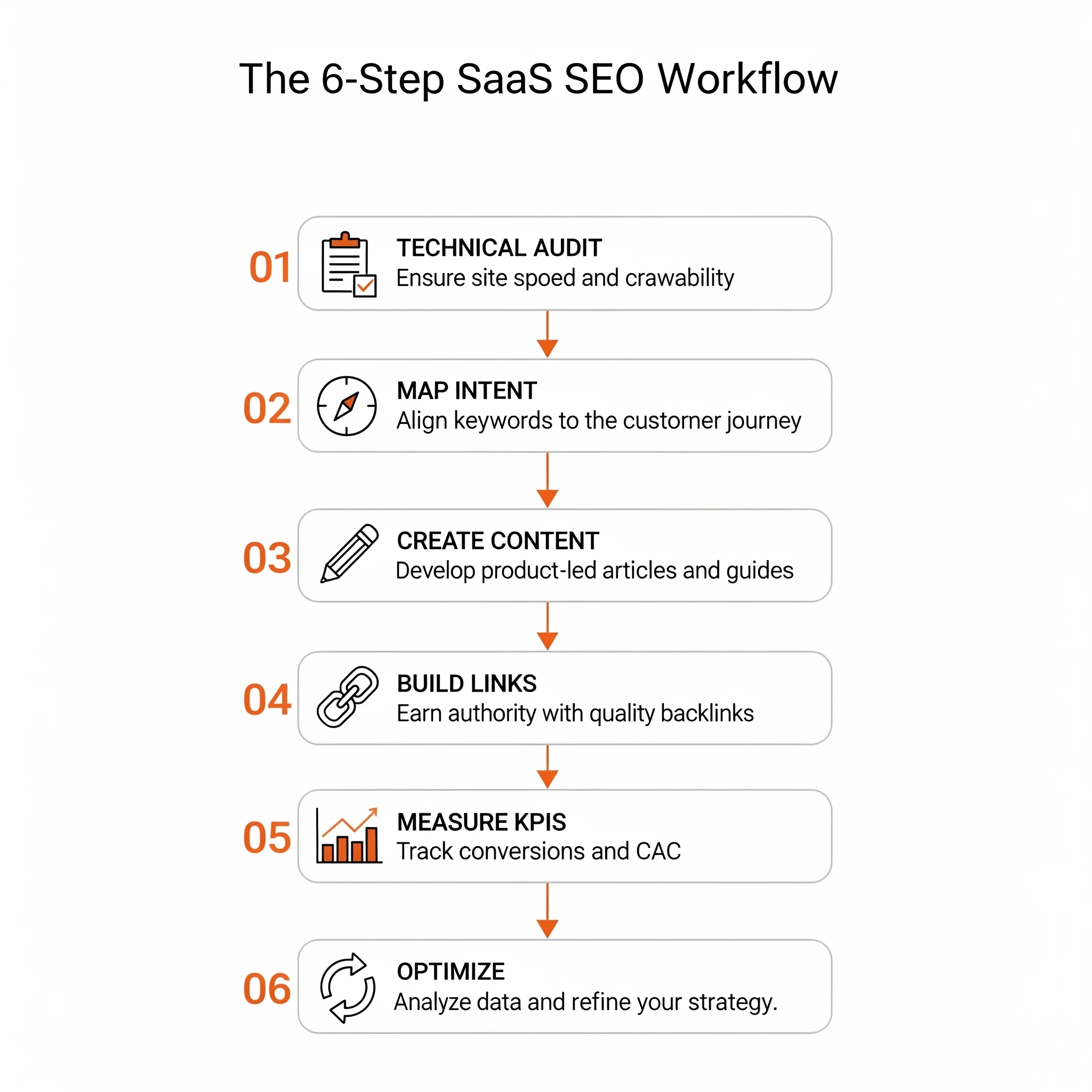 A flowchart of the 6-Step SaaS SEO Workflow. The steps are: 1. Technical Audit, 2. Map Intent, 3. Create Content, 4. Build Links, 5. Measure KPIs, 6. Optimize.