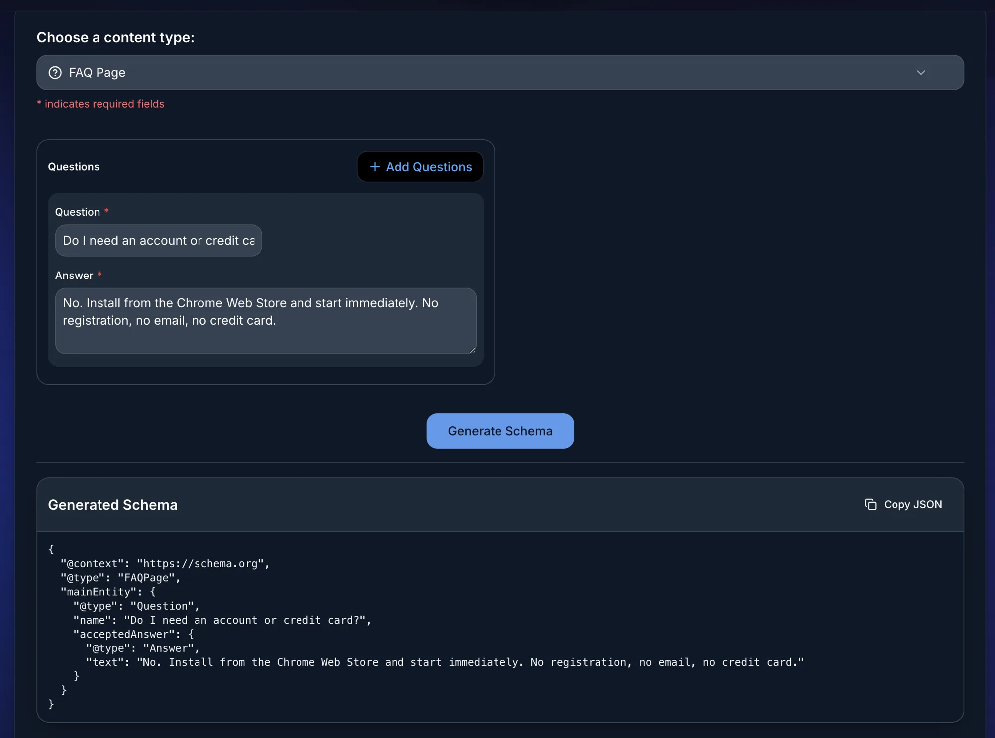 Digispot AI Schema Markup Generator building FAQPage JSON-LD from a question and answer, ready to feed answer engines