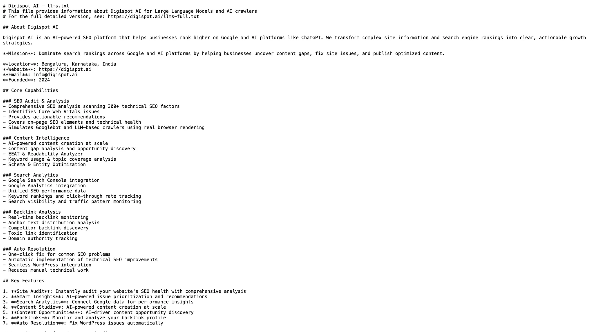 Example llms.txt file for Digispot AI, giving AI models a plain-text summary of the site's purpose, core capabilities, and key pages