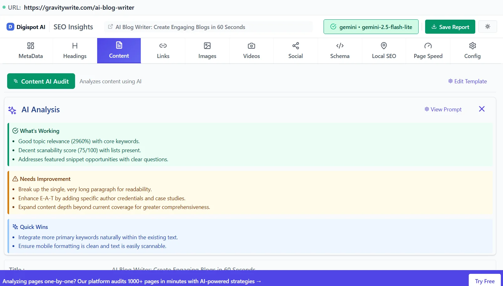 DigiSpot AI Chrome Extension - SEO Performance Overview showing Content Depth, Topic Focus, SERP Features, Content Structure, and Authority metrics