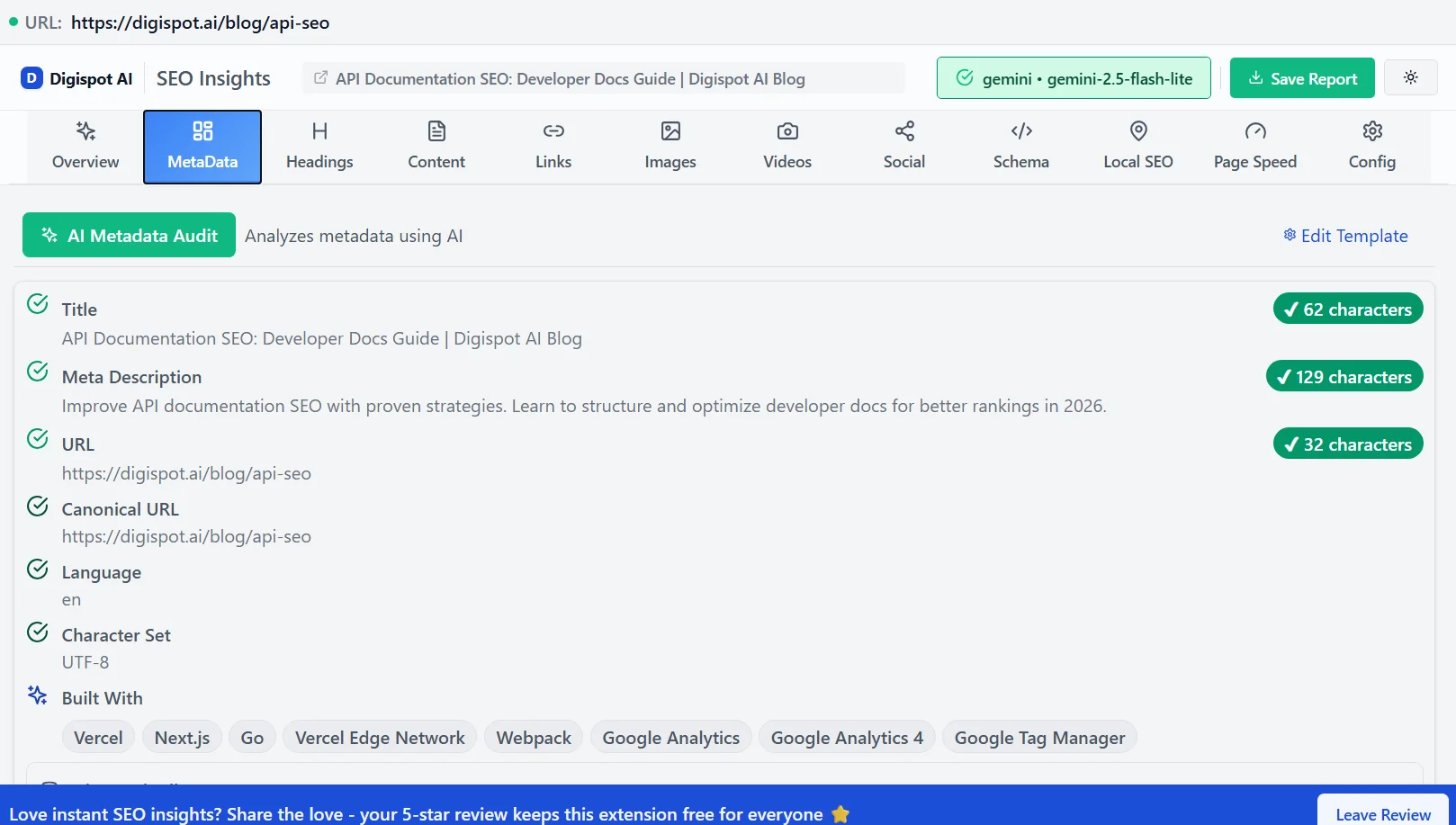 API documentation metadata optimization showing title, description, and URL structure