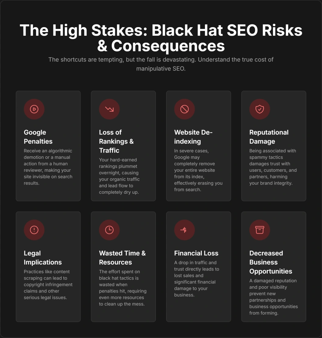 Illustration highlighting risks and penalties of black hat SEO tactics