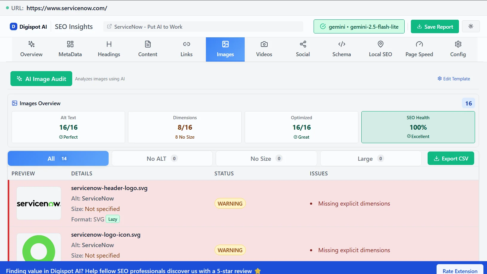 Image optimization audit showing alt text, dimensions, and SEO health for bounce rate improvement