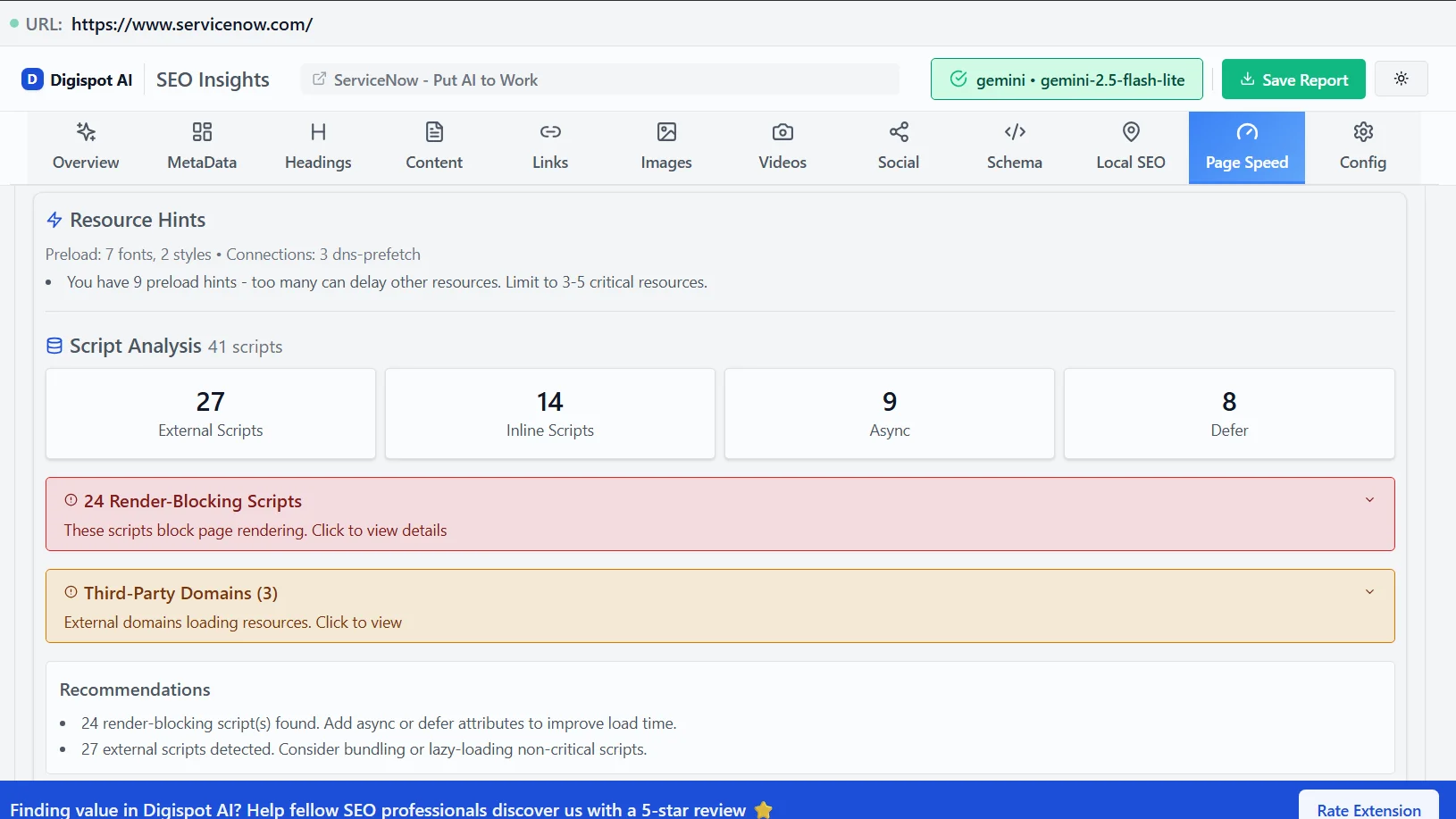 Page speed analysis showing resource hints and script optimization for reducing bounce rate