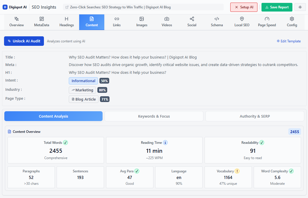 Digispot AI Chrome Extension performing real-time content analysis and heading hierarchy checks