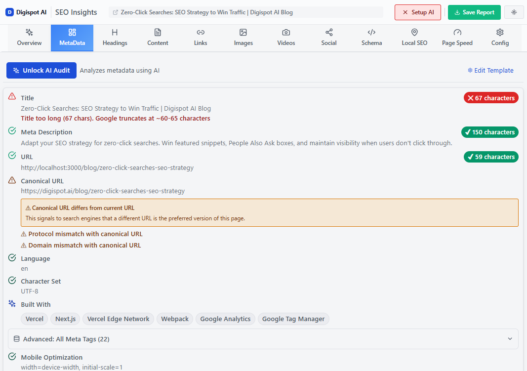 Digispot AI Chrome Extension displaying meta tags, indexability status, and head section SEO signals