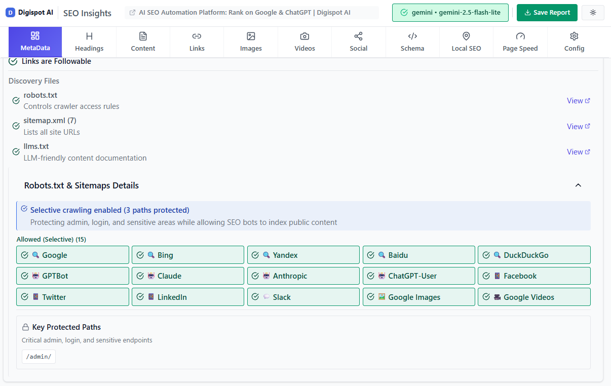 Digispot AI Chrome Extension visualizing robots.txt, canonicals, and XML sitemap status for advanced troubleshooting