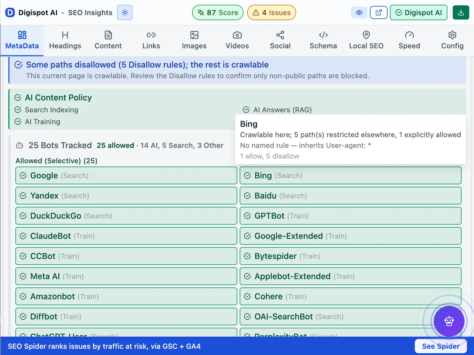 Digispot AI SEO Insights showing crawler access with Bing crawlable and 25 bots tracked, including GPTBot, OAI-SearchBot, and Bing — the index Microsoft Copilot draws from