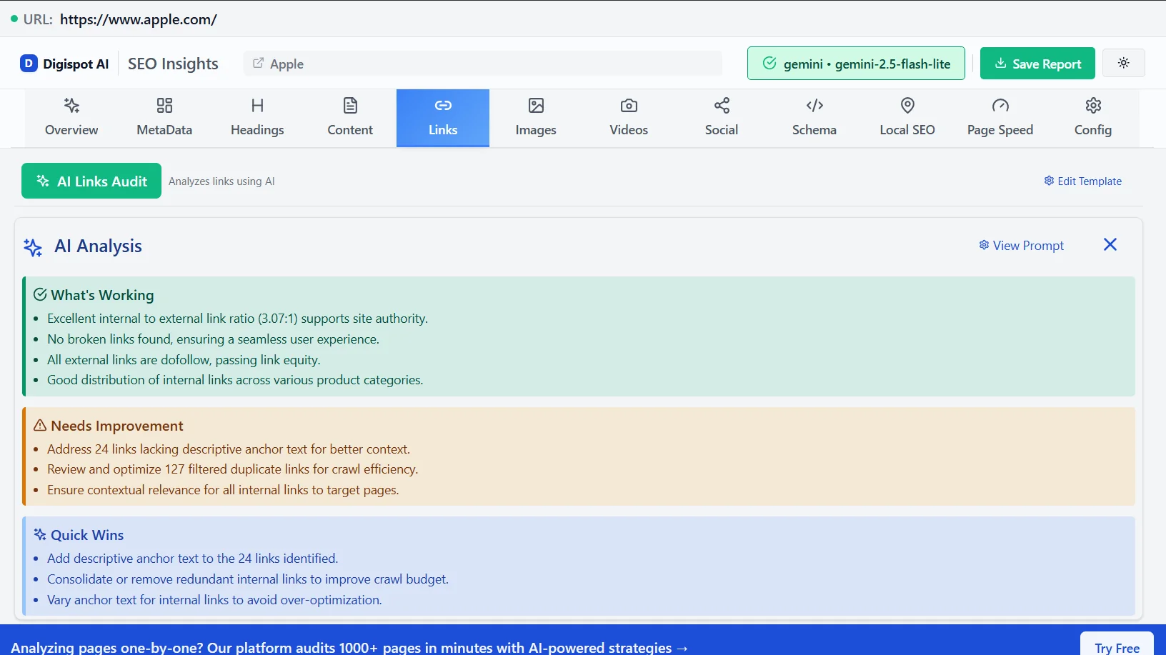 AI-powered links analysis showing what's working and improvement opportunities for Crunchbase SEO