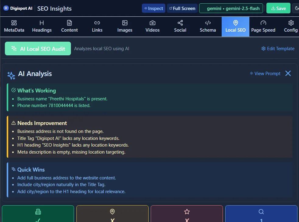 Digispot AI Local SEO Audit showing 'What's Working', 'Needs Improvement', and 'Quick Wins'