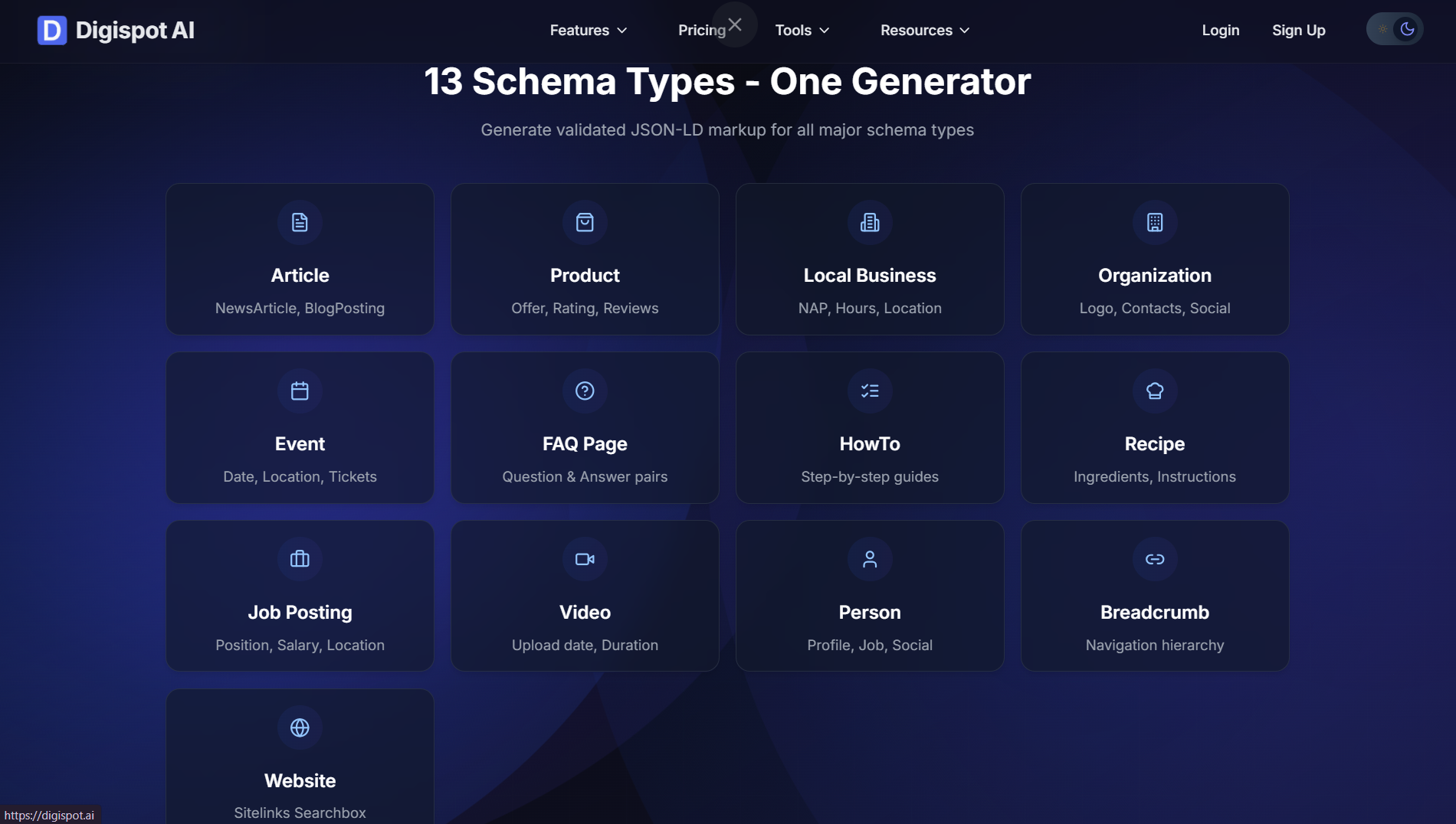 Digispot AI Schema Markup Generator tool creating validated JSON-LD for B2B software reviews and organization entities