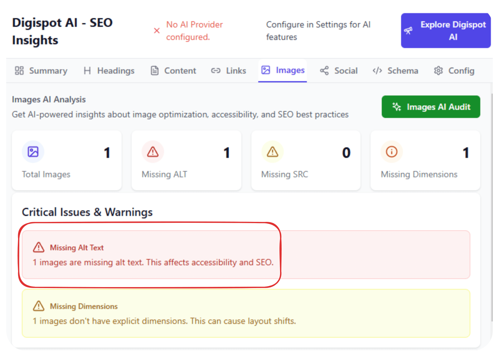 Screenshot showing Digispot alt text analyser tool in chrome extension