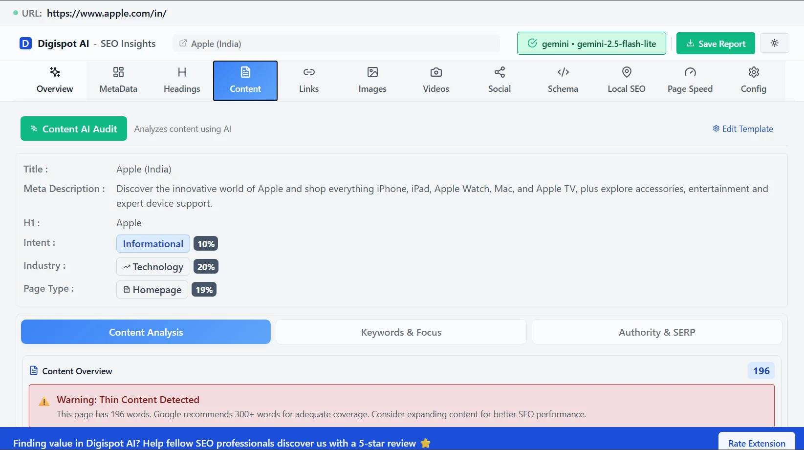 Digispot AI Chrome Extension performing content audit for video SEO optimization