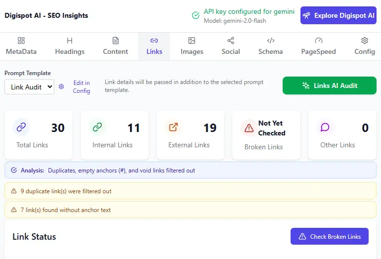 Screenshot showing Digispot link tool in chrome extension