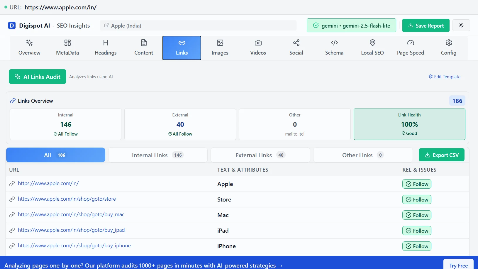 Digispot AI Chrome Extension showing comprehensive links overview with internal and external link analysis