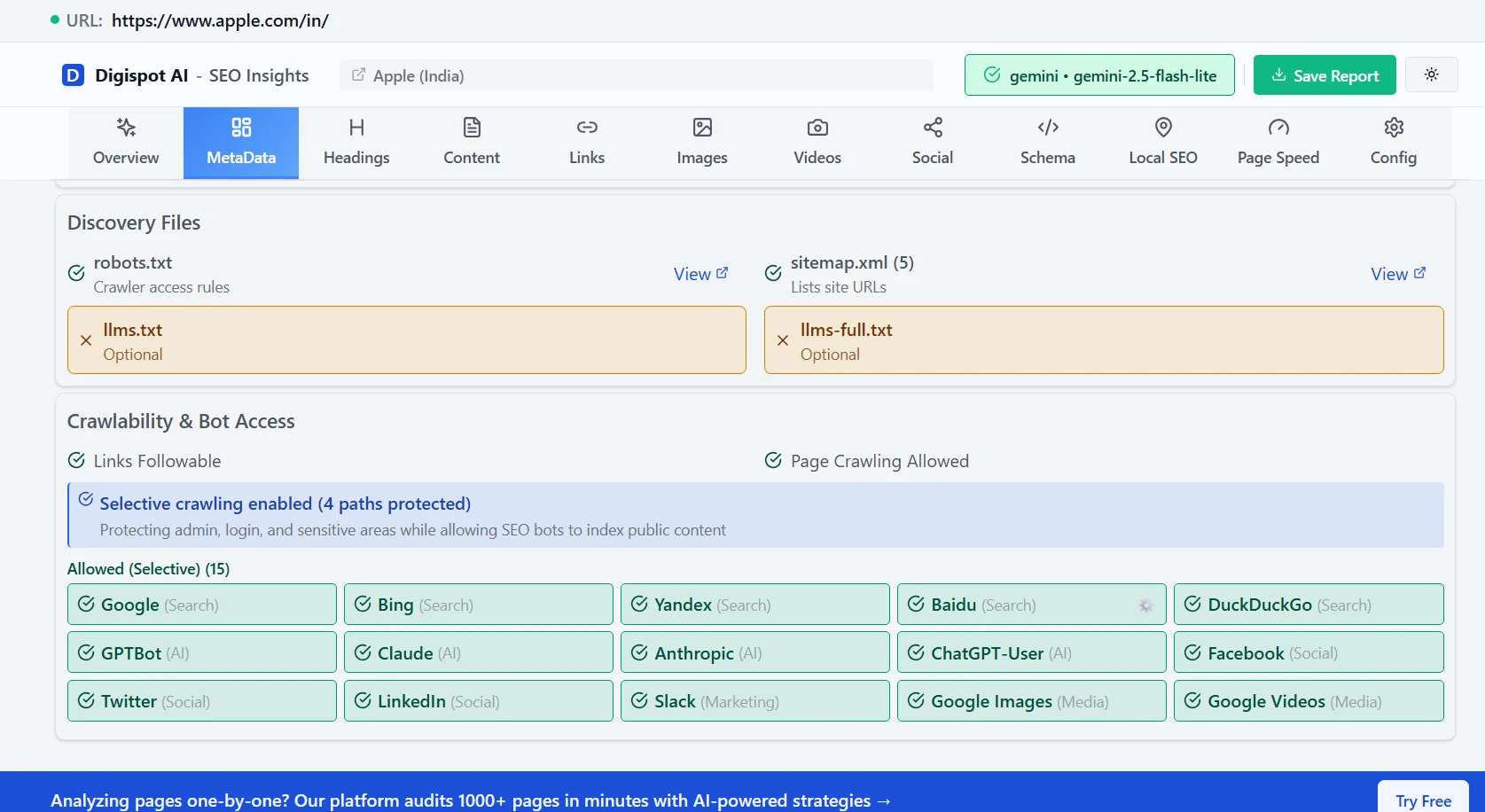 Digispot AI Chrome Extension showing metadata and crawlability status for SaaS company SEO