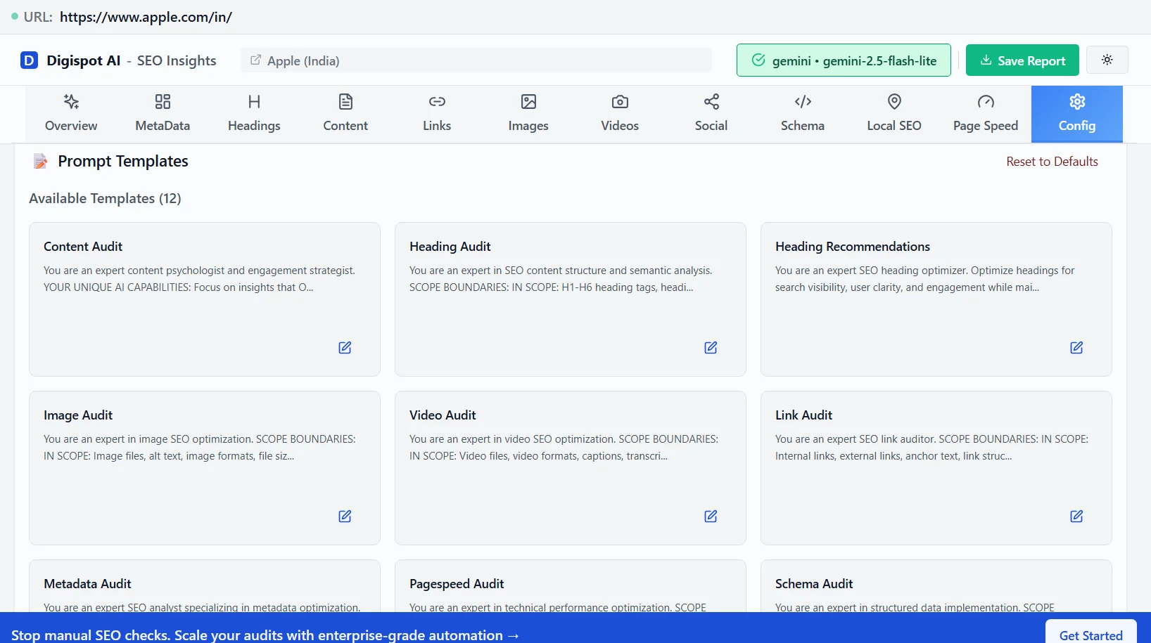 Digispot AI Chrome Extension config panel showing AI prompt templates for React SEO optimization