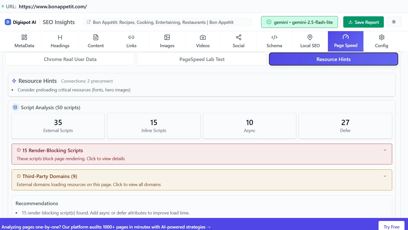 Script analysis and minification by CDN