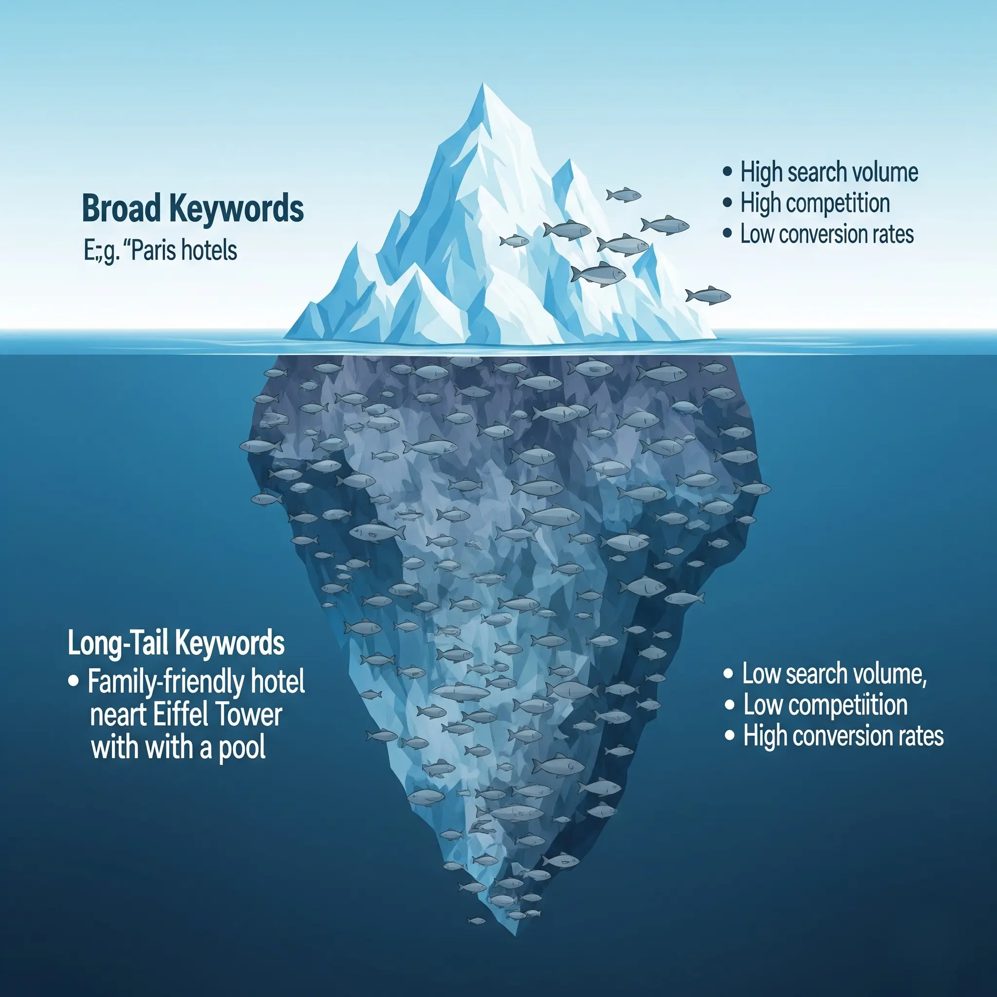 Iceberg infographic for travel SEO: The tip shows broad, high-competition keywords while the large base underwater shows the value of specific, high-conversion long-tail keywords.