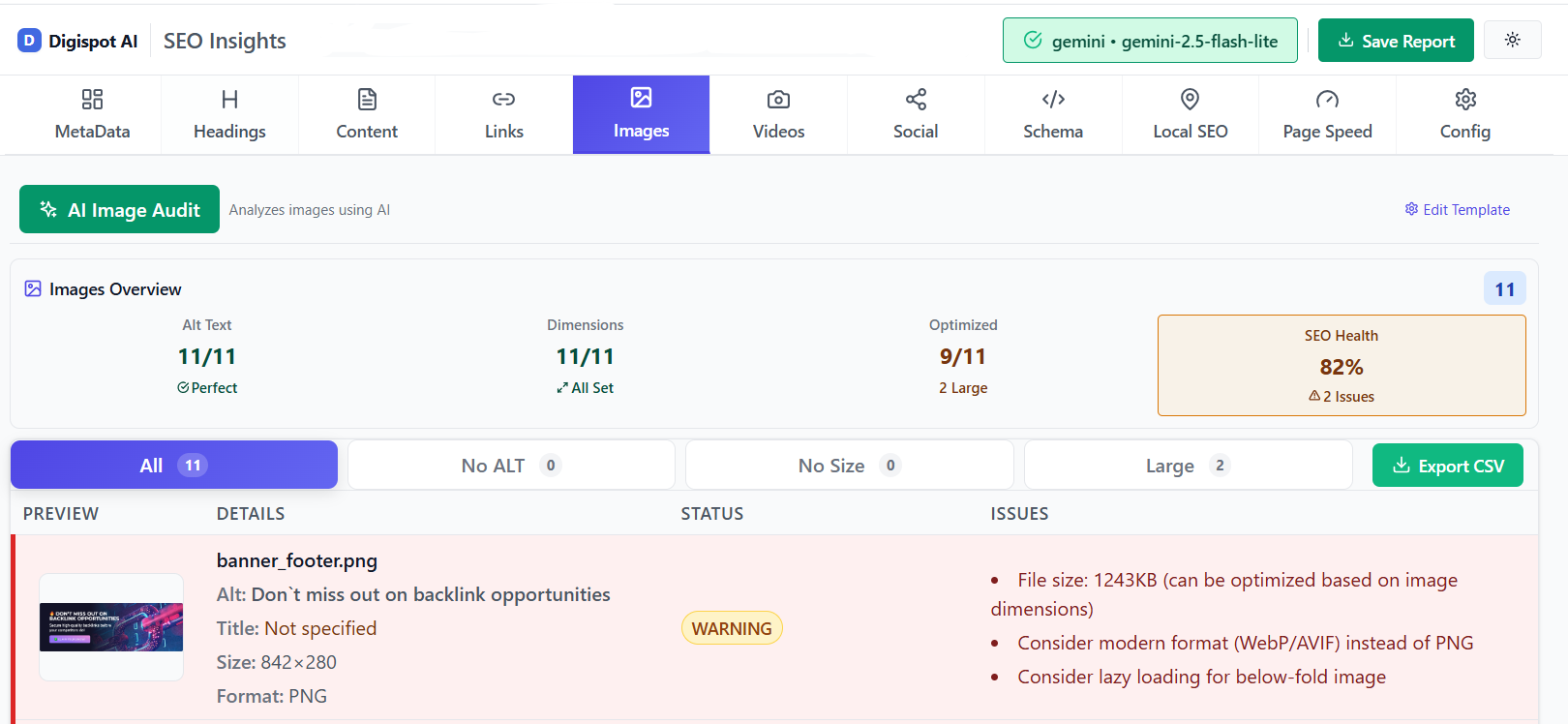 Digispot AI tool performing image optimization audit and Bing SEO compatibility check for better user experience