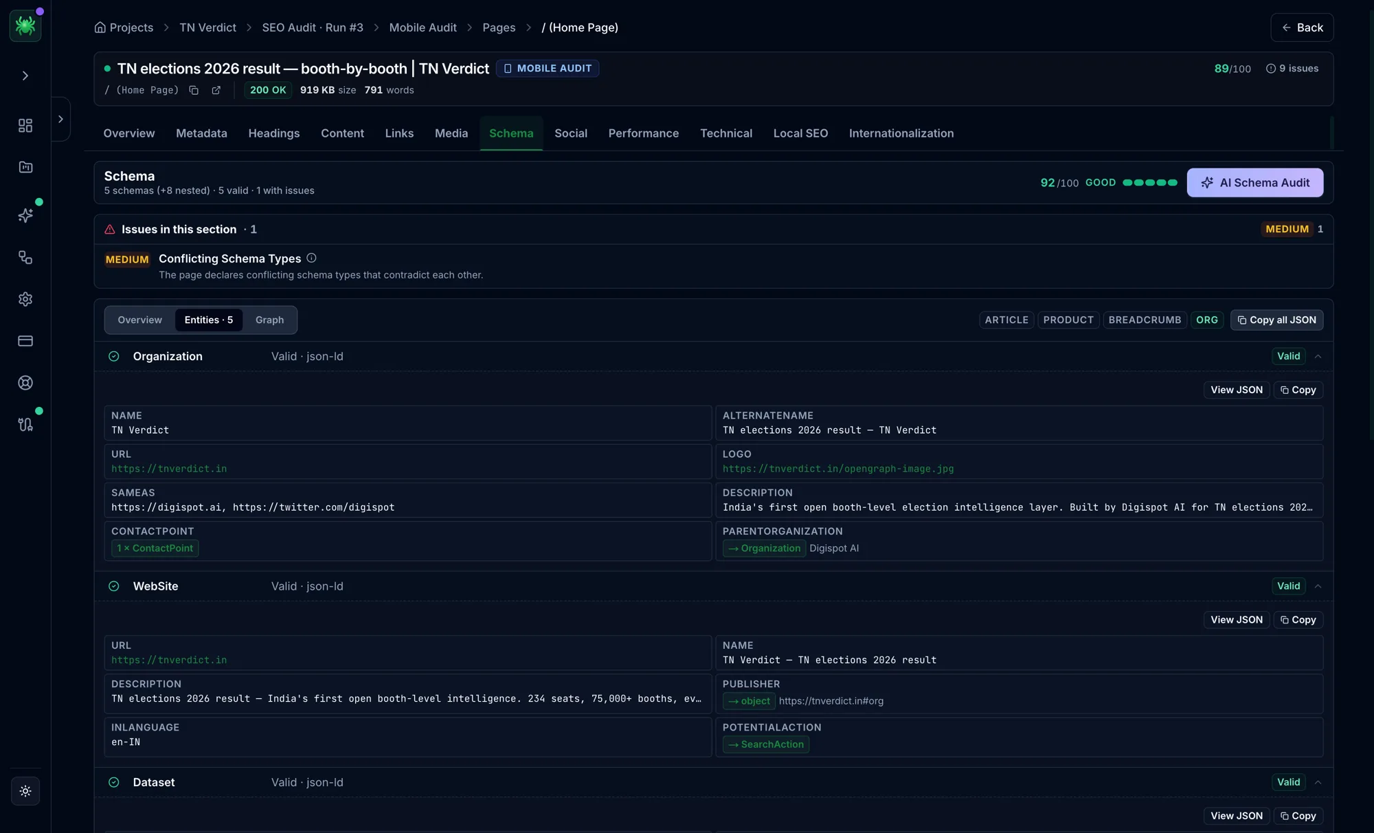 Digispot AI Schema panel showing detected entities (Organization, WebSite, Dataset), validation status, and a Conflicting Schema Types issue on a page
