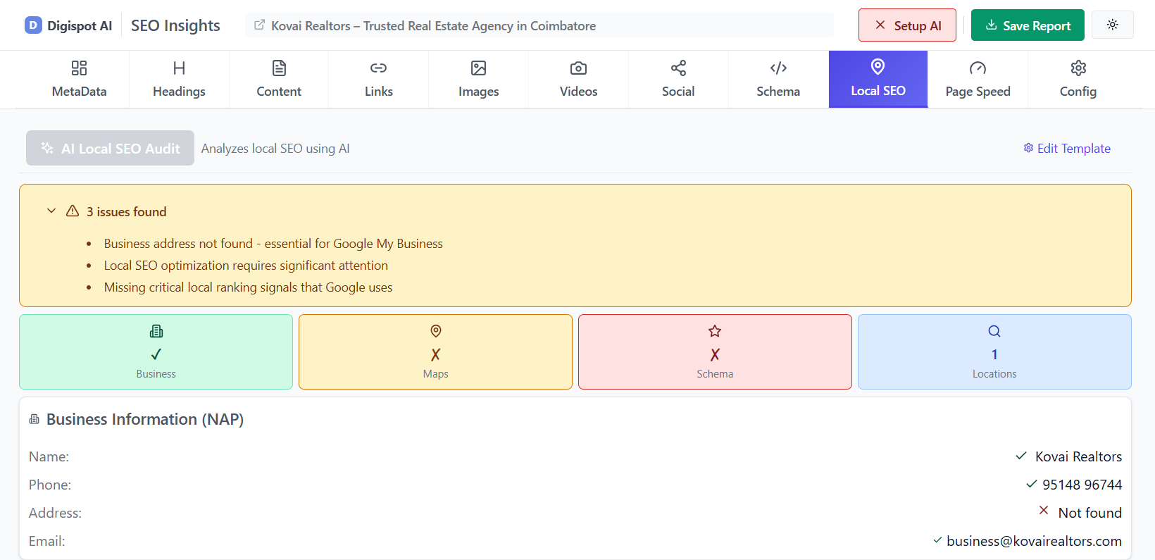 Digispot AI tool auditing NAP consistency and business contact information for local SEO profiles