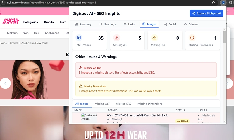 Nykaa lifestyle SEO Image Alt Errors