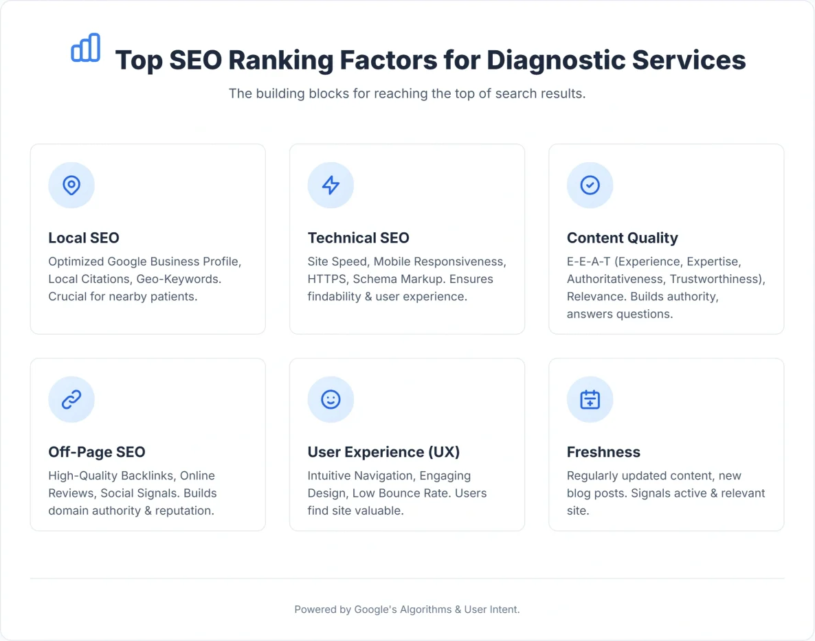 Infographic showing a diagnostic analysis of SEO ranking factors