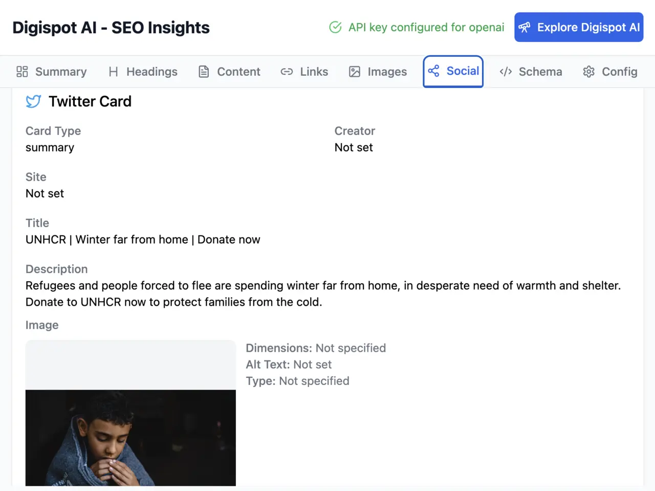 Twitter card example for NGO