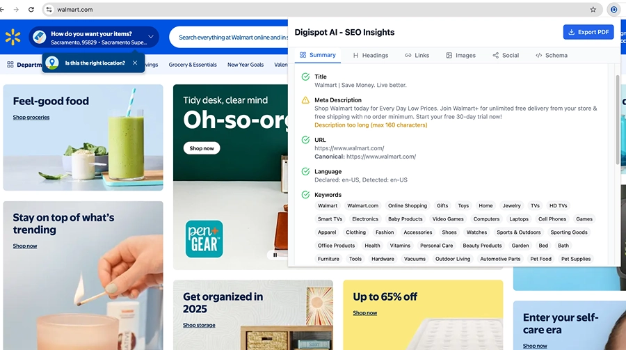 Walmart SEO Ecommerce insights from Digispot AI Chrome Extension