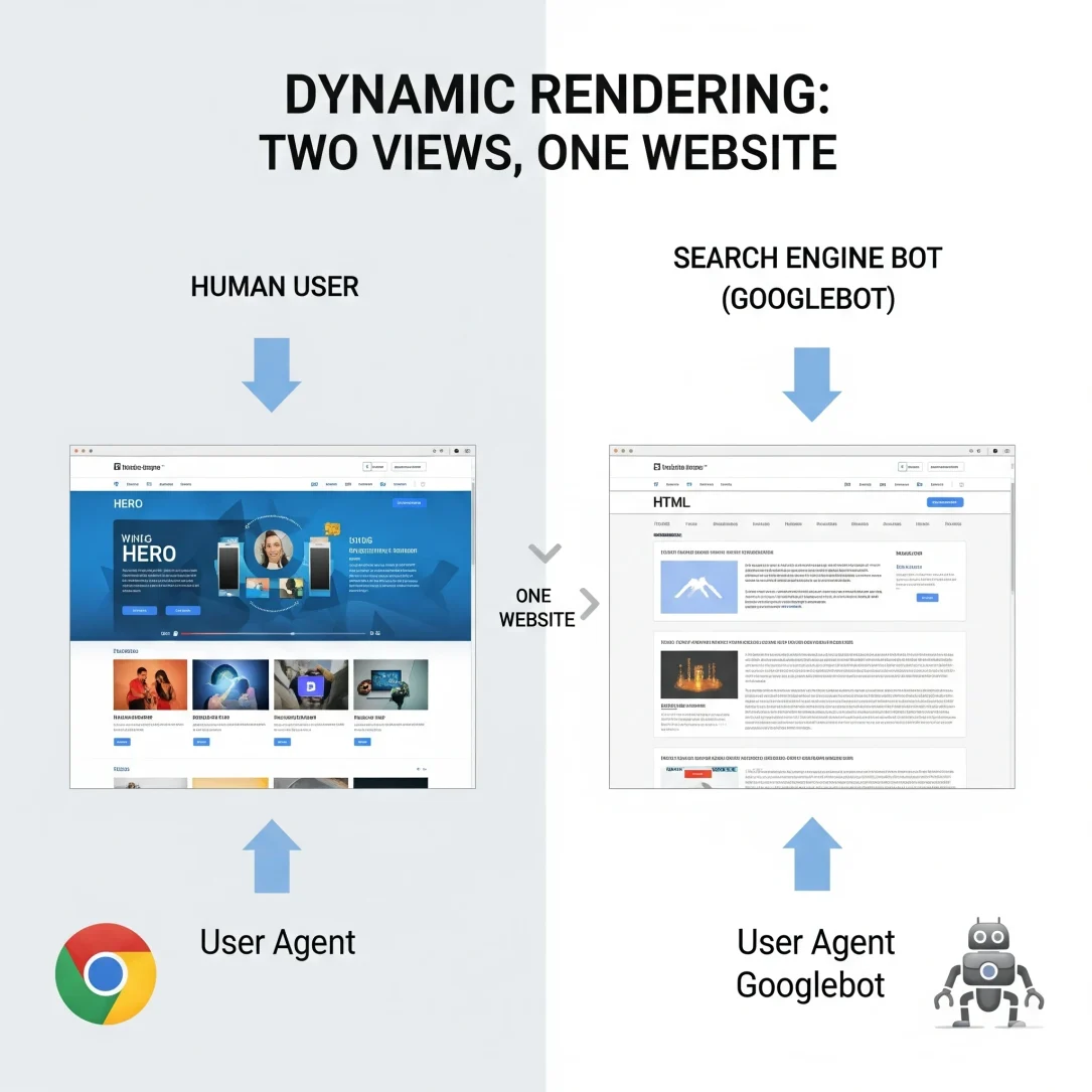 Illustration explaining what dynamic rendering is in SEO and how it serves bots and users differently
