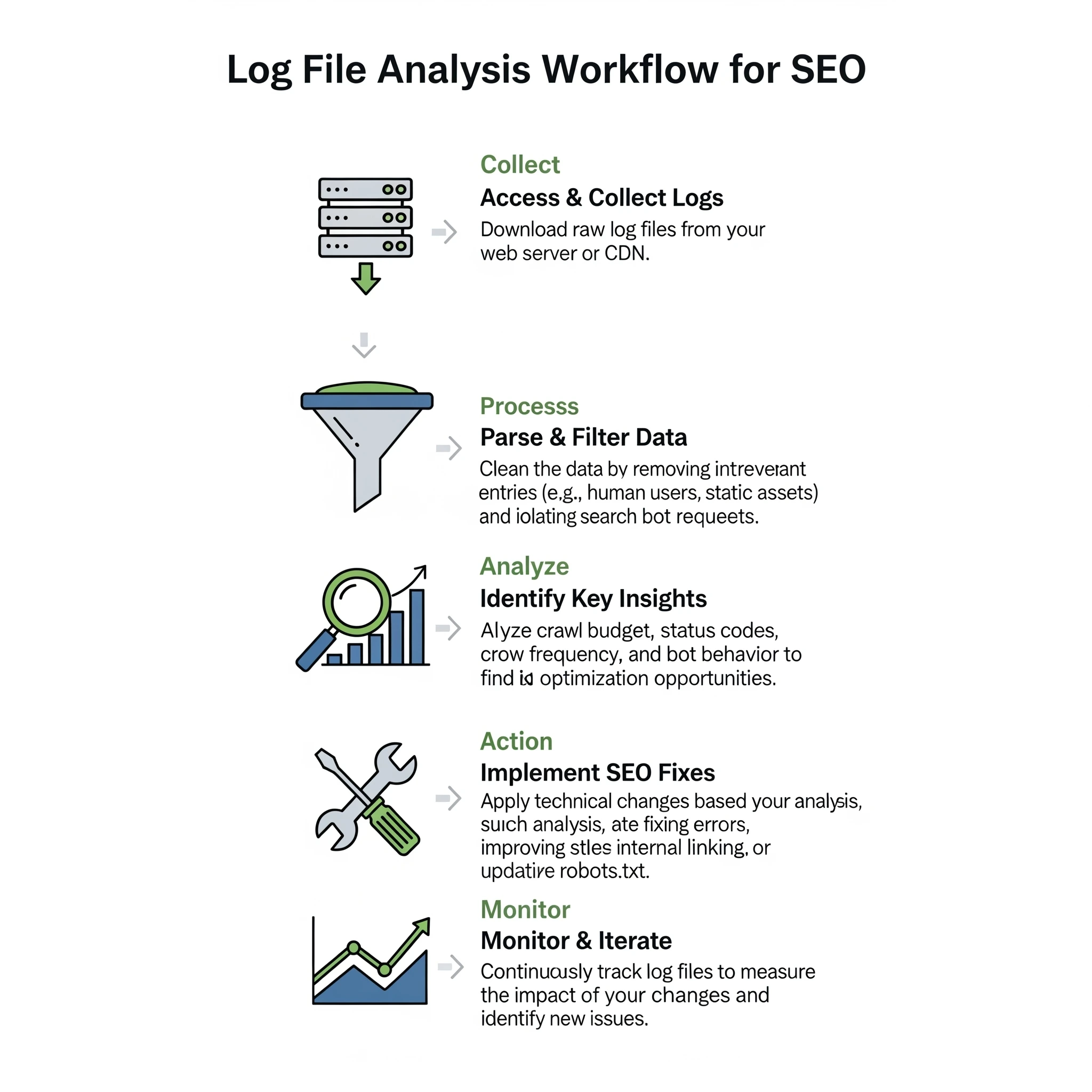 Workflow of log file analysis for identifying crawl issues and optimizing SEO performance