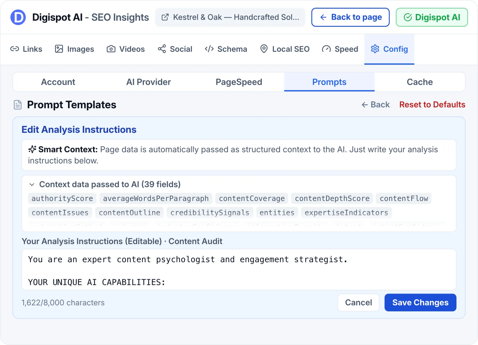 Editable AI prompt templates with the audit data passed to the AI as context