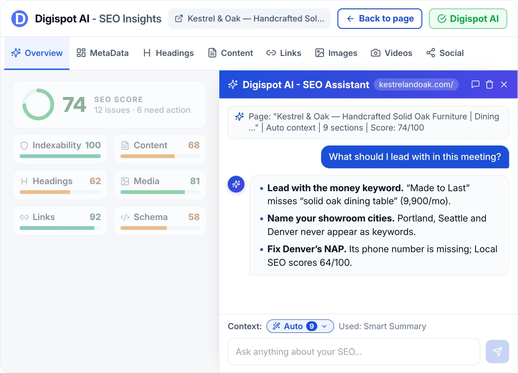 AI SEO Assistant chat answering questions about the audited page