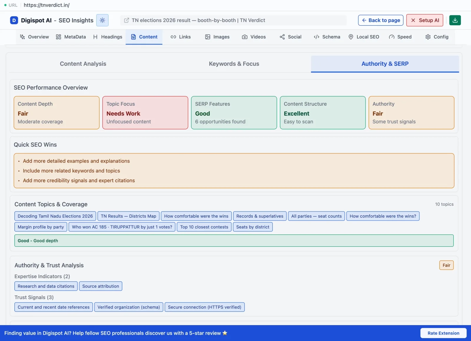 Digispot AI Chrome extension showing authority and SERP signals for competitor backlink analysis