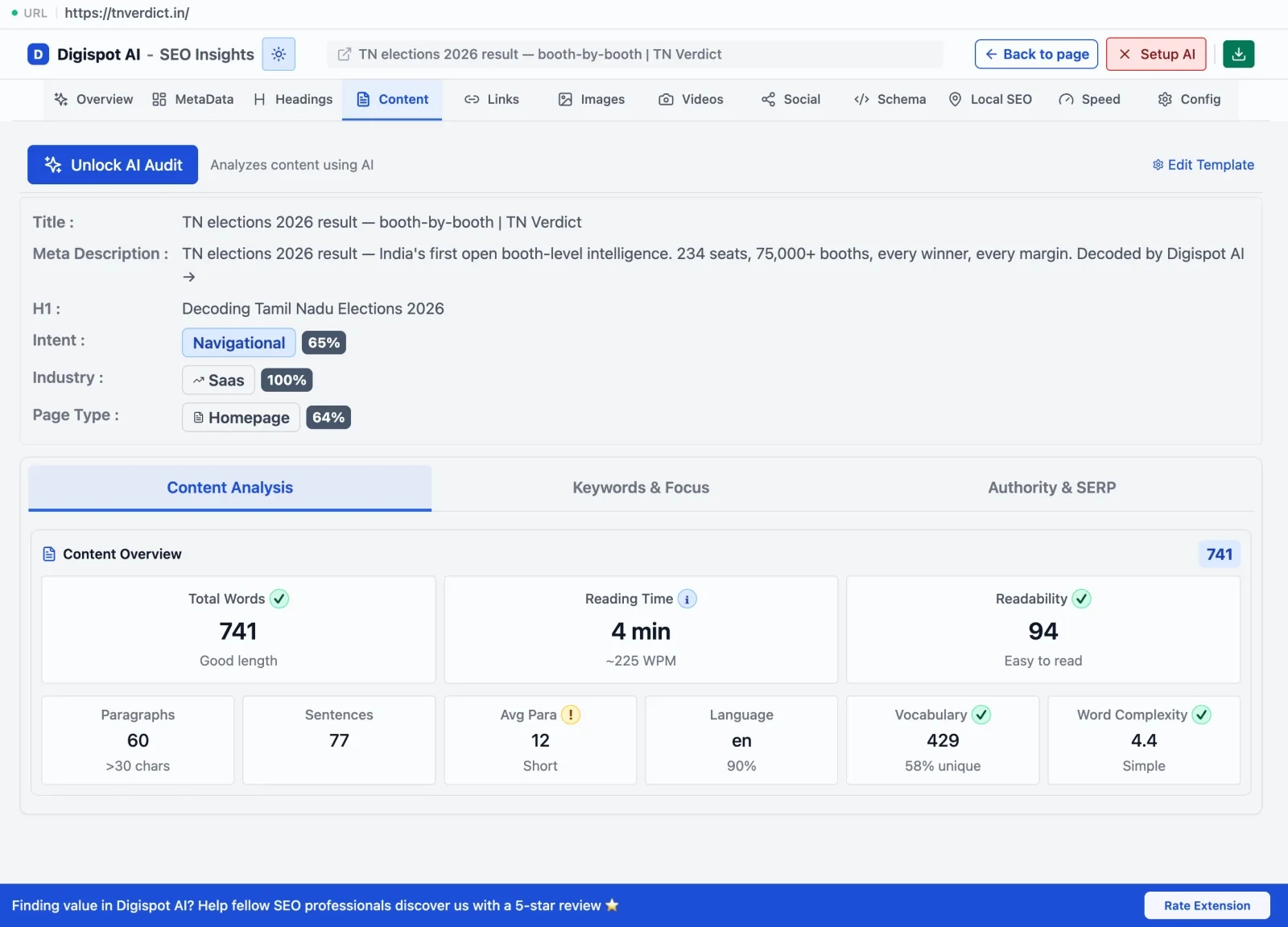 Digispot AI free Chrome extension analyzing on-page content and teaser text on a gated login page for authentication SEO