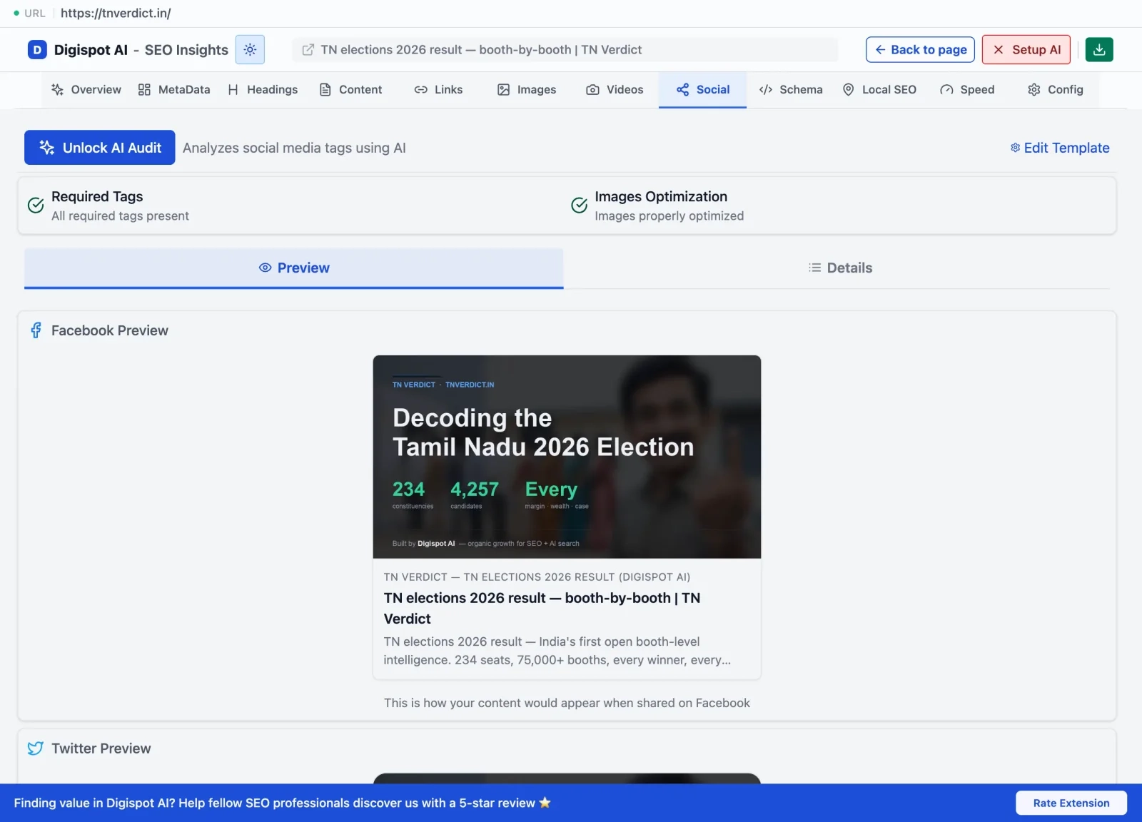 Digispot AI Chrome Extension checking social and Open Graph tags so Reddit-shared links render with rich previews