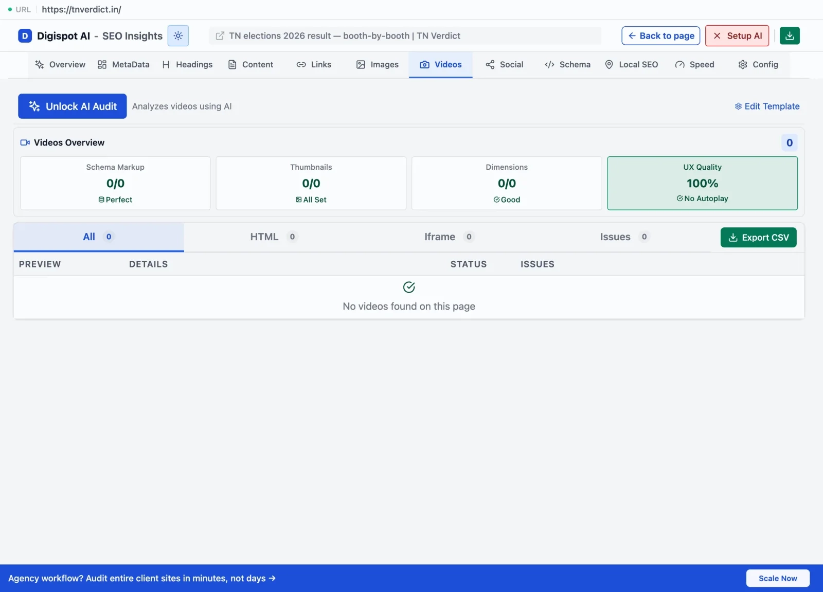 Digispot AI Chrome extension video SEO panel checking VideoObject markup and embedded video optimization for social search visibility