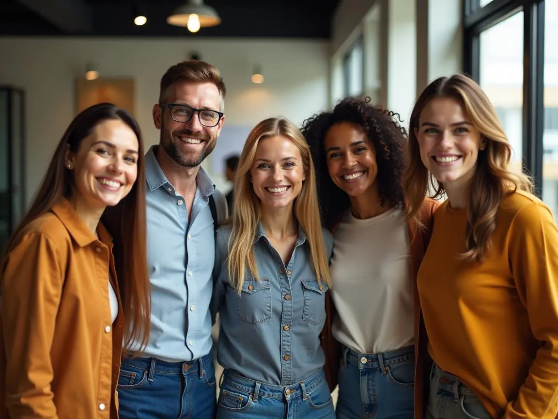 Happy diverse team collaborating