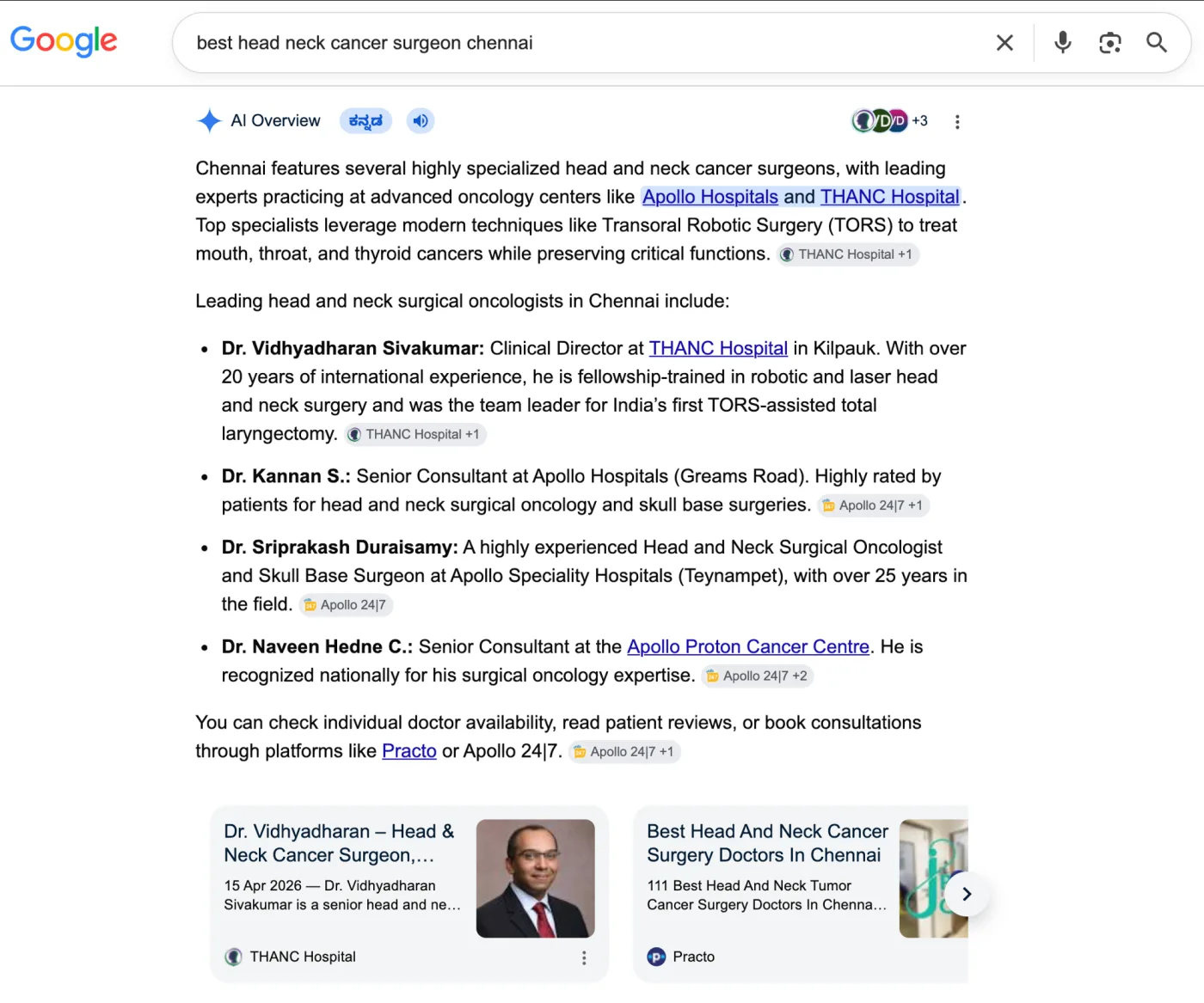 Google result for "best head neck cancer surgeon chennai" — Dr. Vidhyadharan named first in Google's AI Overview.