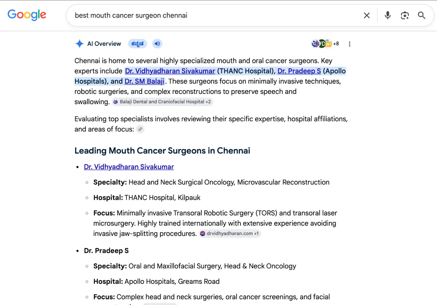 Google result for "best mouth cancer surgeon chennai" — Dr. Vidhyadharan & Dr. Pradeep cited by name in AI search.