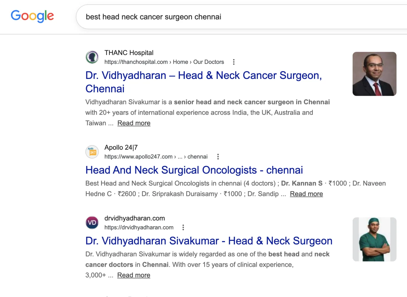 Google result for "best head neck cancer surgeon chennai" — Our clients rank #1 and #3 — above Apollo.