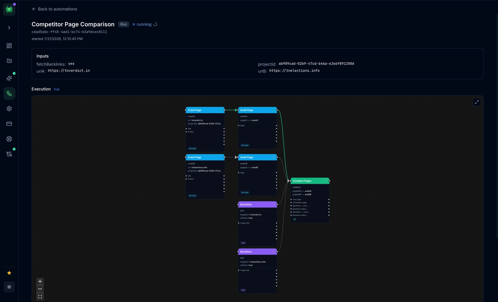 Digispot AI SEO Spider Competitor Page Comparison automation crawling and auditing your page head-to-head against a competitor's, backlinks included