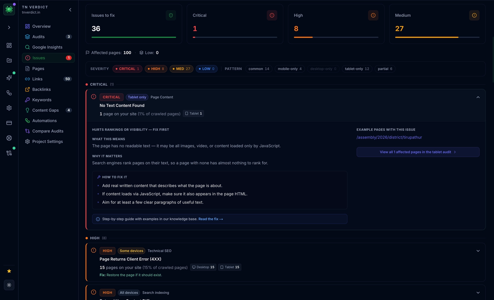 Digispot AI SEO Spider issue definitions ranking React Core Web Vitals and performance problems by the organic traffic at risk