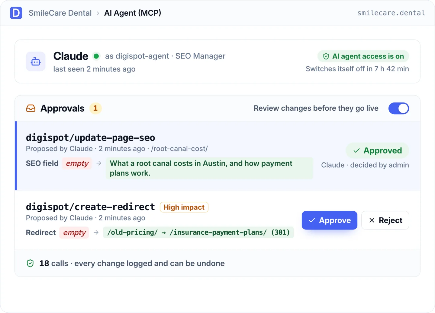AI Agent (MCP) screen: Claude connected as an SEO Manager, with an approved SEO change and a redirect waiting for approval
