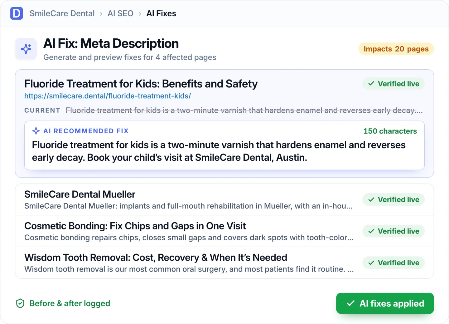 AI Fixes: a recommended meta description next to the current one, applied across several pages with before and after logged